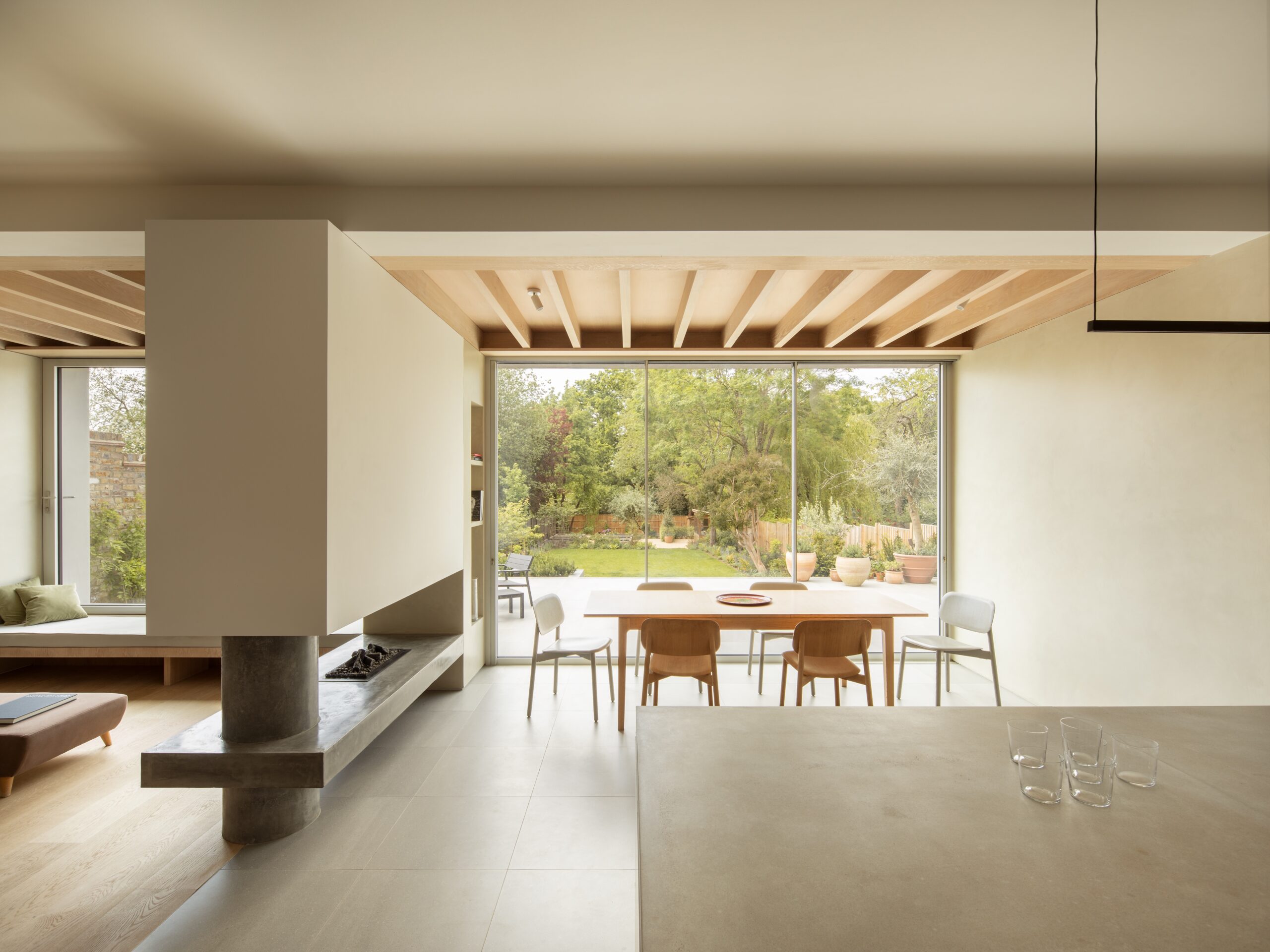 Dining Room with view to garden. Fireplace and lounge area