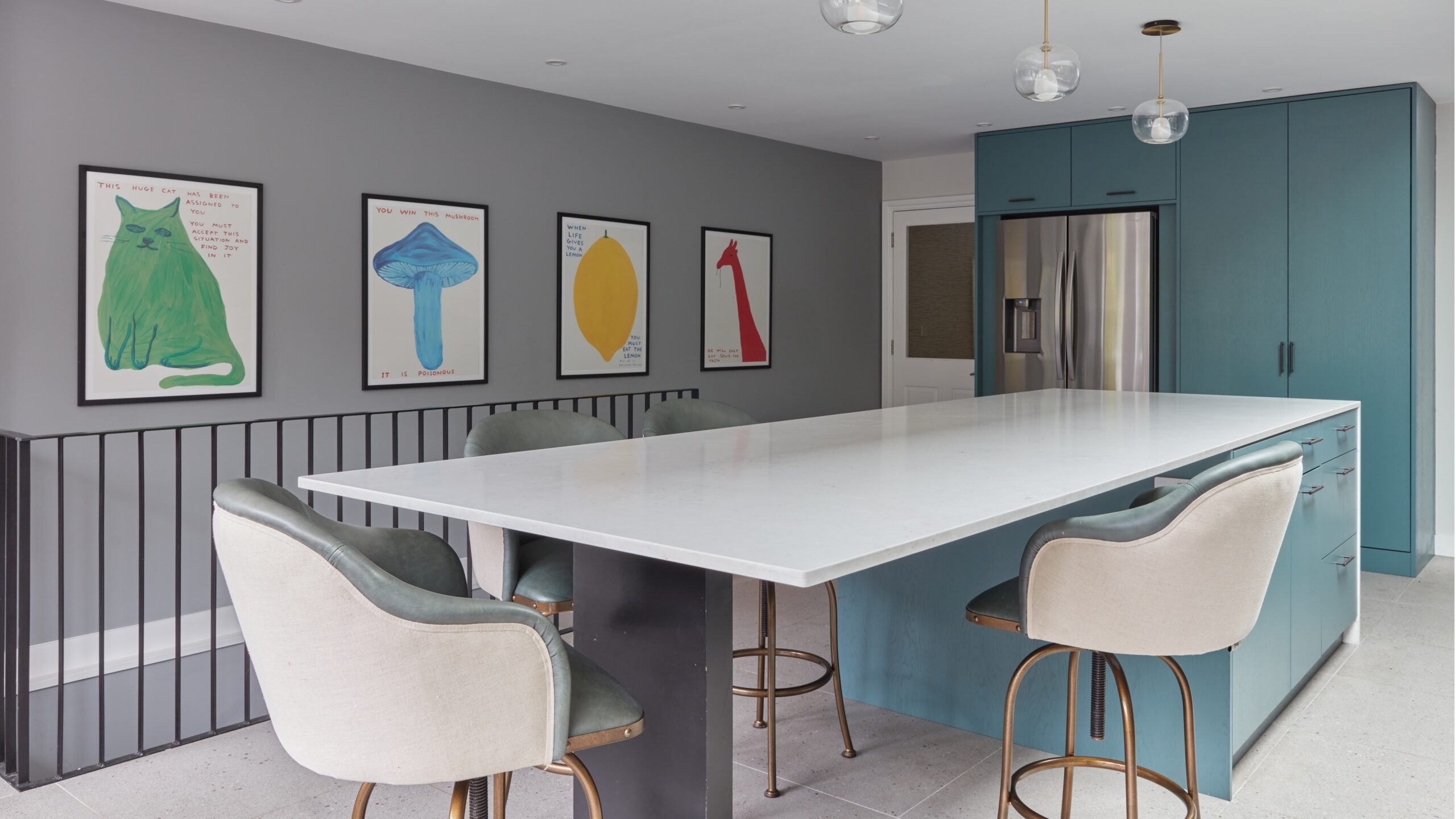 Kitchen Island with bespoke cabinets and metal balustrade. 